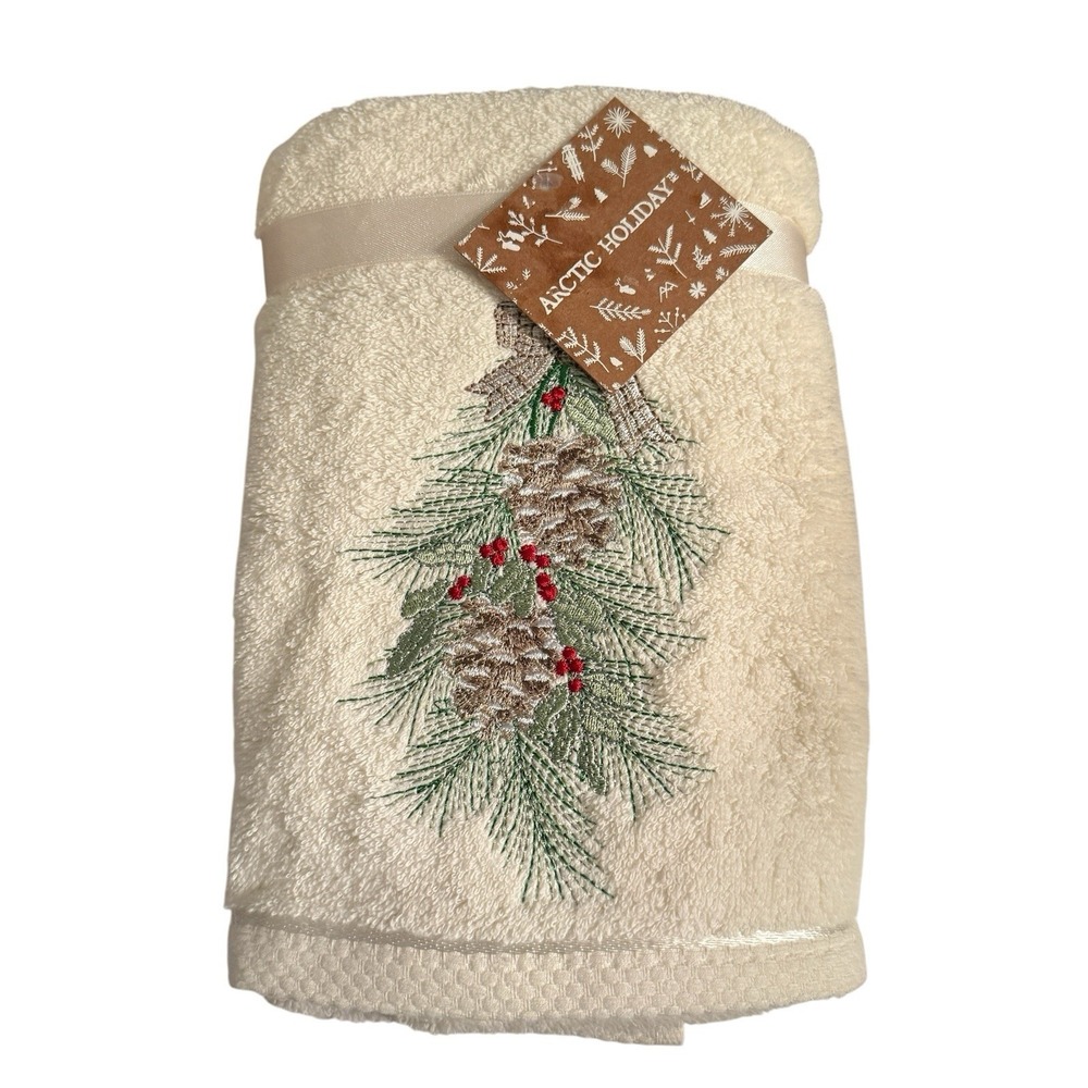 NEW Set of 2 Arctic Holiday Embroidered Christmas Hand Towels Pinecones Holly